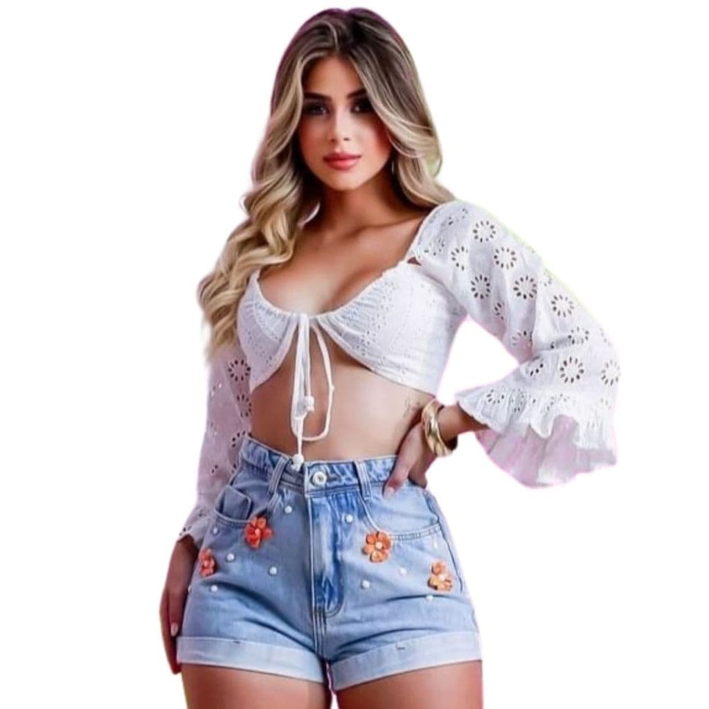 Short Jeans Feminino Bordado Com Flores Bolso E Cintura Alta