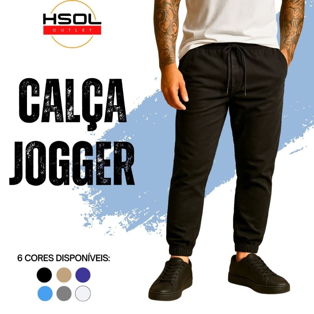 Calça Jogger Masculina Sarja com Punho Elástico e Bolsos Laterais