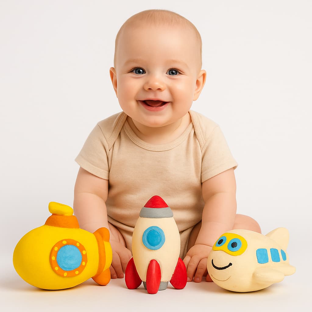 Kit Mordedor Bebe Foguete Aviao Submarino Latex Natural Pintado Mao Massageador Gengiva Dentição Banho 3 Meses INMETRO