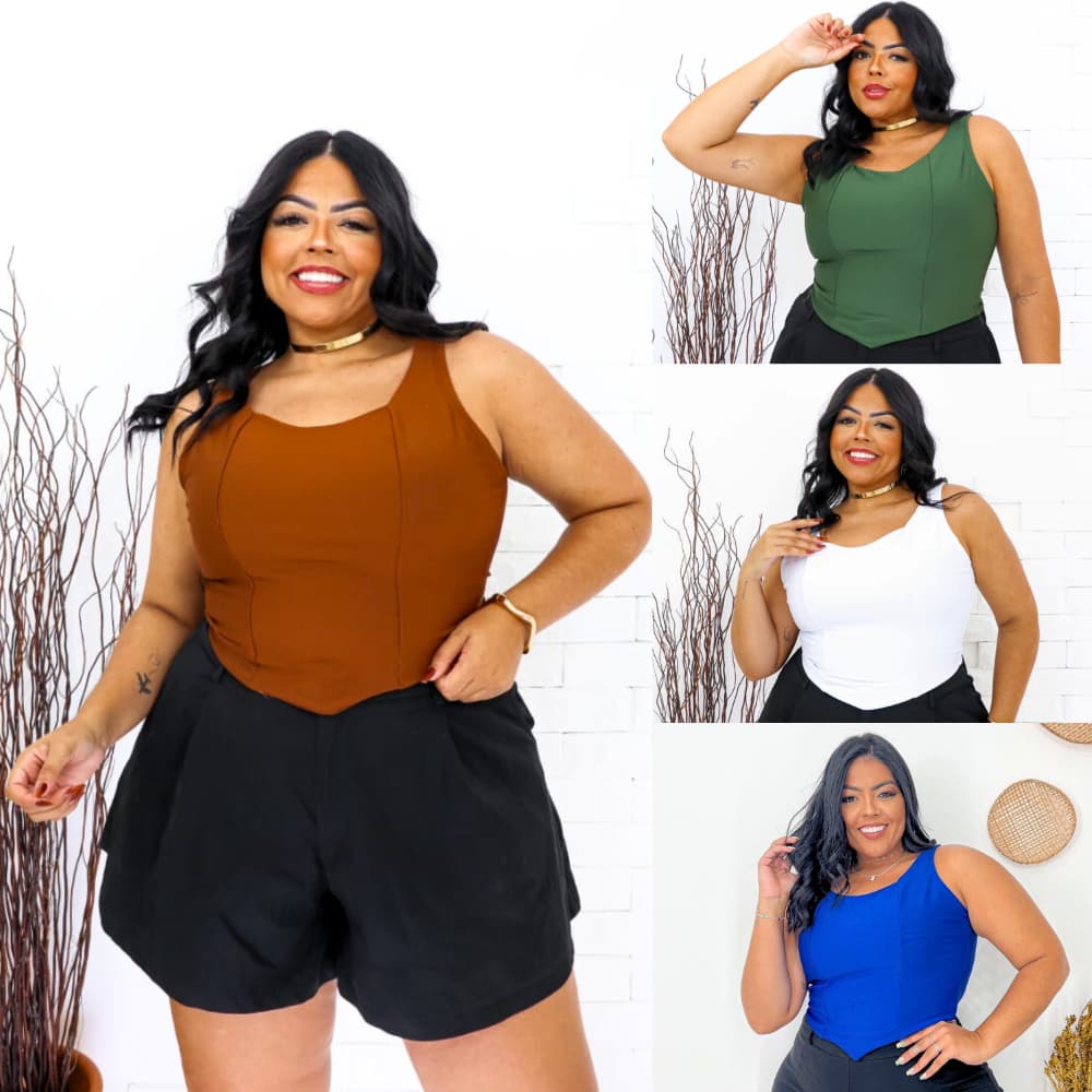 Cropped Plus Size Feminino Bico Triângulo Blusa Plus Size Sem Manga Camiseta Curta XG G1 G2 G3