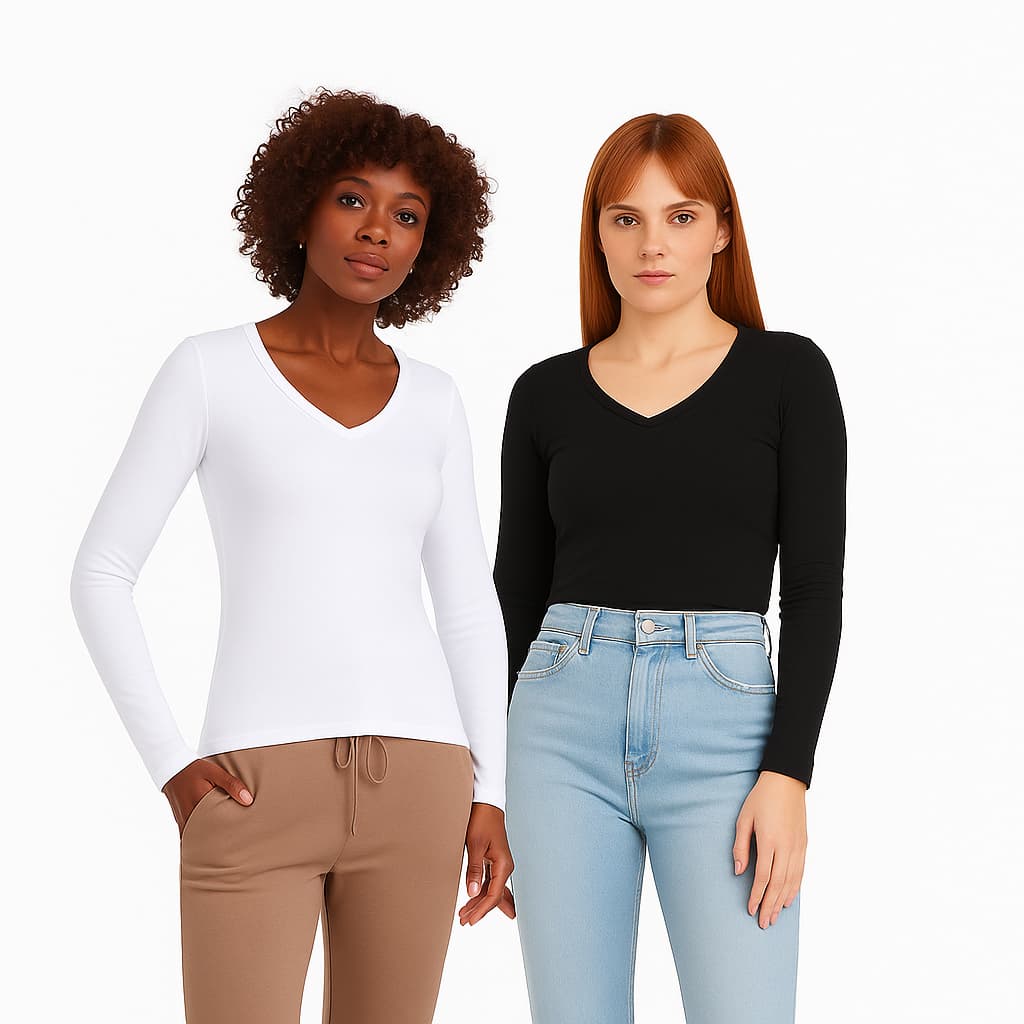 Kit Blusa Feminina manga longa em cotton gola V KB351-K2