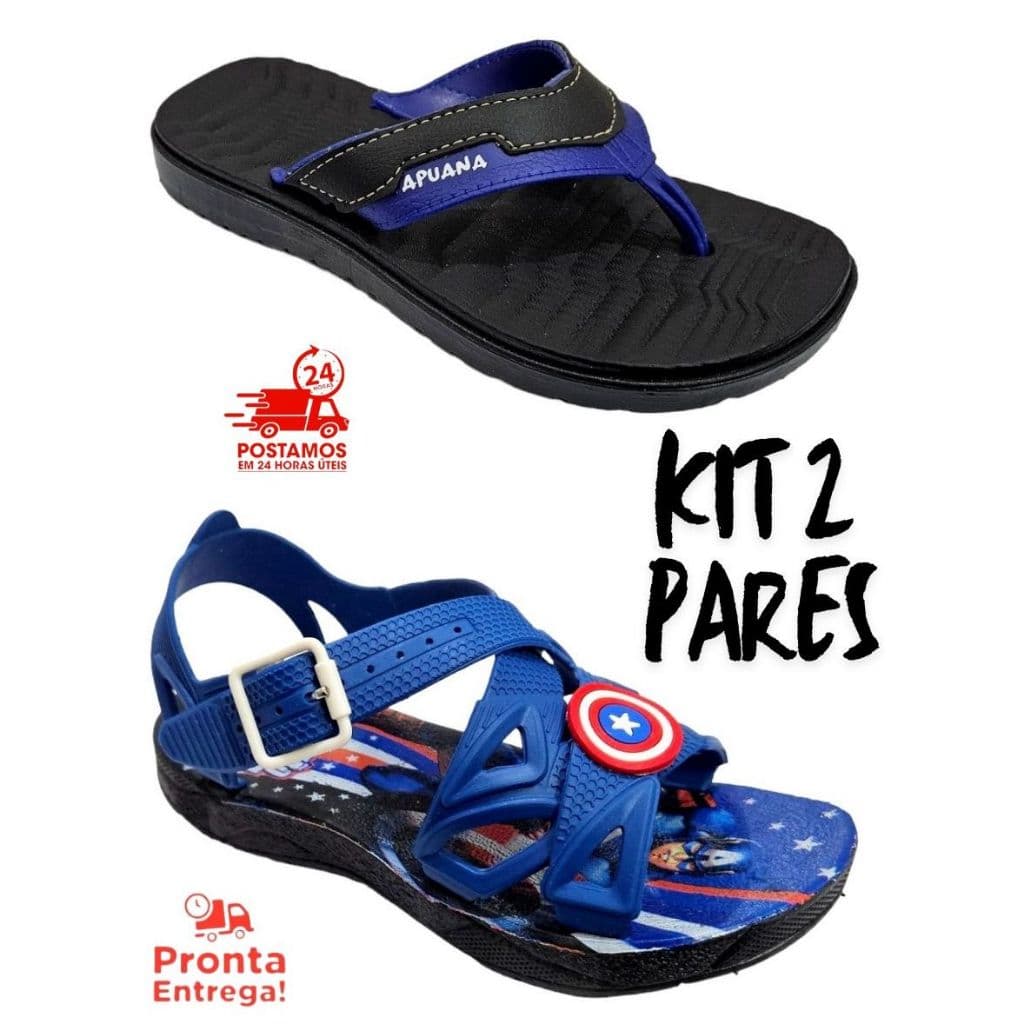 Kit 2 Pares Chinelo Infantil Masculino Dedo Lado + Sandalia Infantil Menino Personagem Promoção