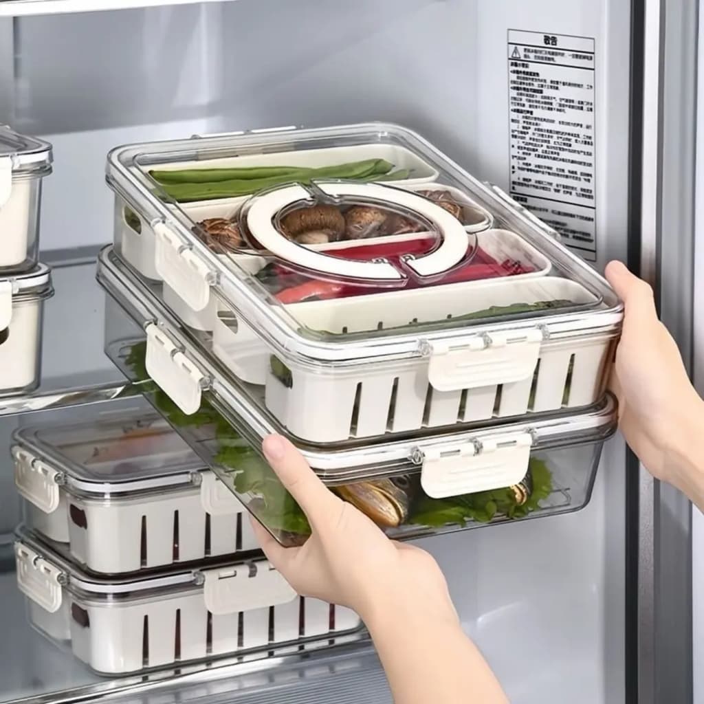 Organizador de Geladeira Caixa Multiuso para Temperos e Especiarias Divisórias Removíveis com Tampa