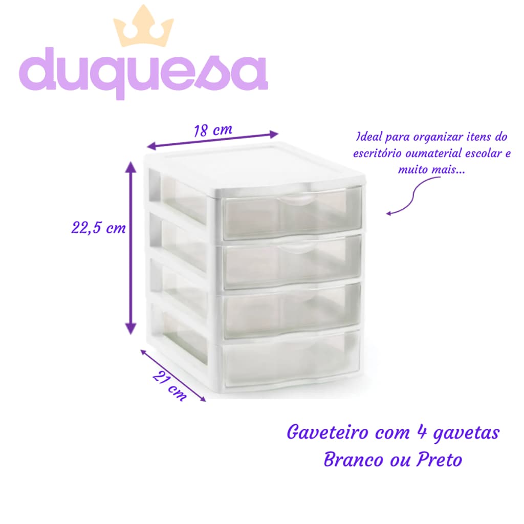 1 Gaveteiro com 4 gavetas Organizador Escritorio Aviamento Material Escolar Armazenamento Multiuso