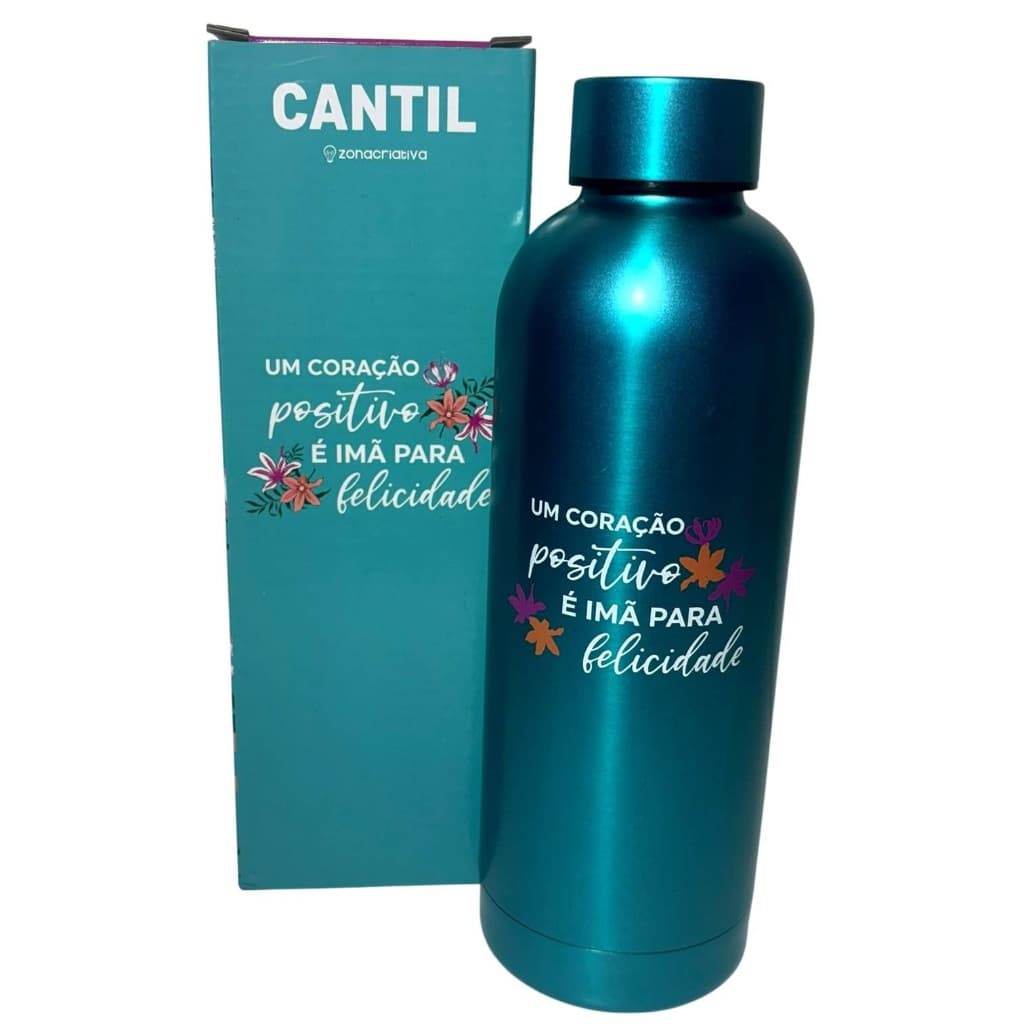 Garrafa Cantil Metal Motivacional 550ml Um Coração Positivo É Imã Para A Felicidade - Zona Criativa