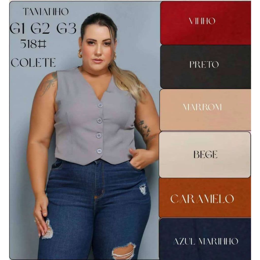 Coletinho Curto Plus Size Feminino Social Alfaiataria Colete Forrado Com Botões plus
