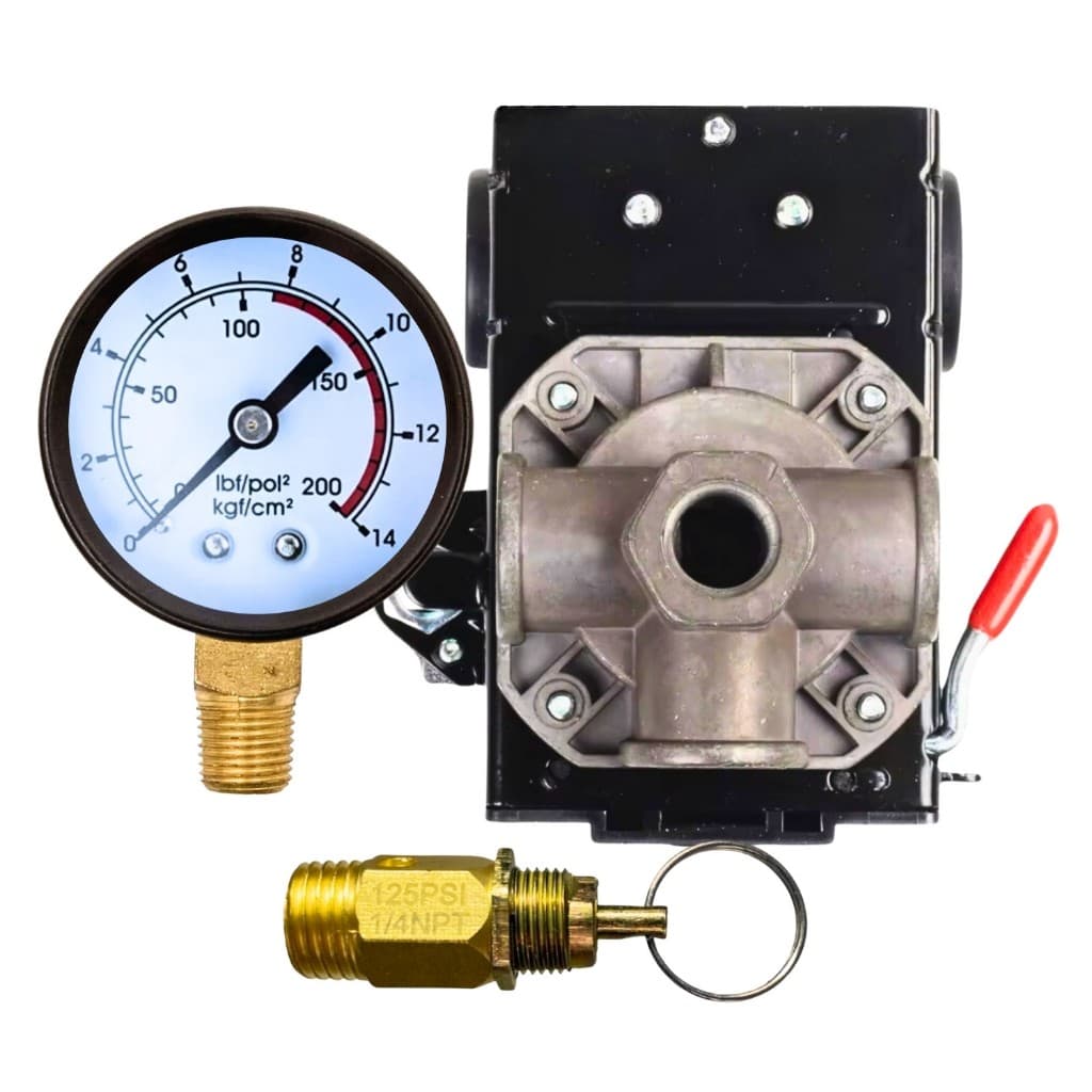 Kit Com Pressostato 80/120 PSI 4 vias + Válvula e Manômetro