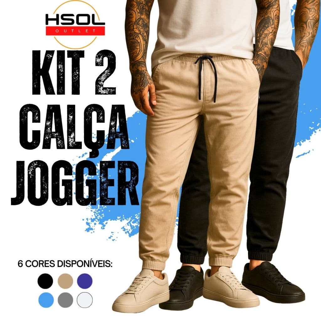 Kit 2 Calças Jogger Masculina Sarja com Punho Elástico e Bolsos Laterais