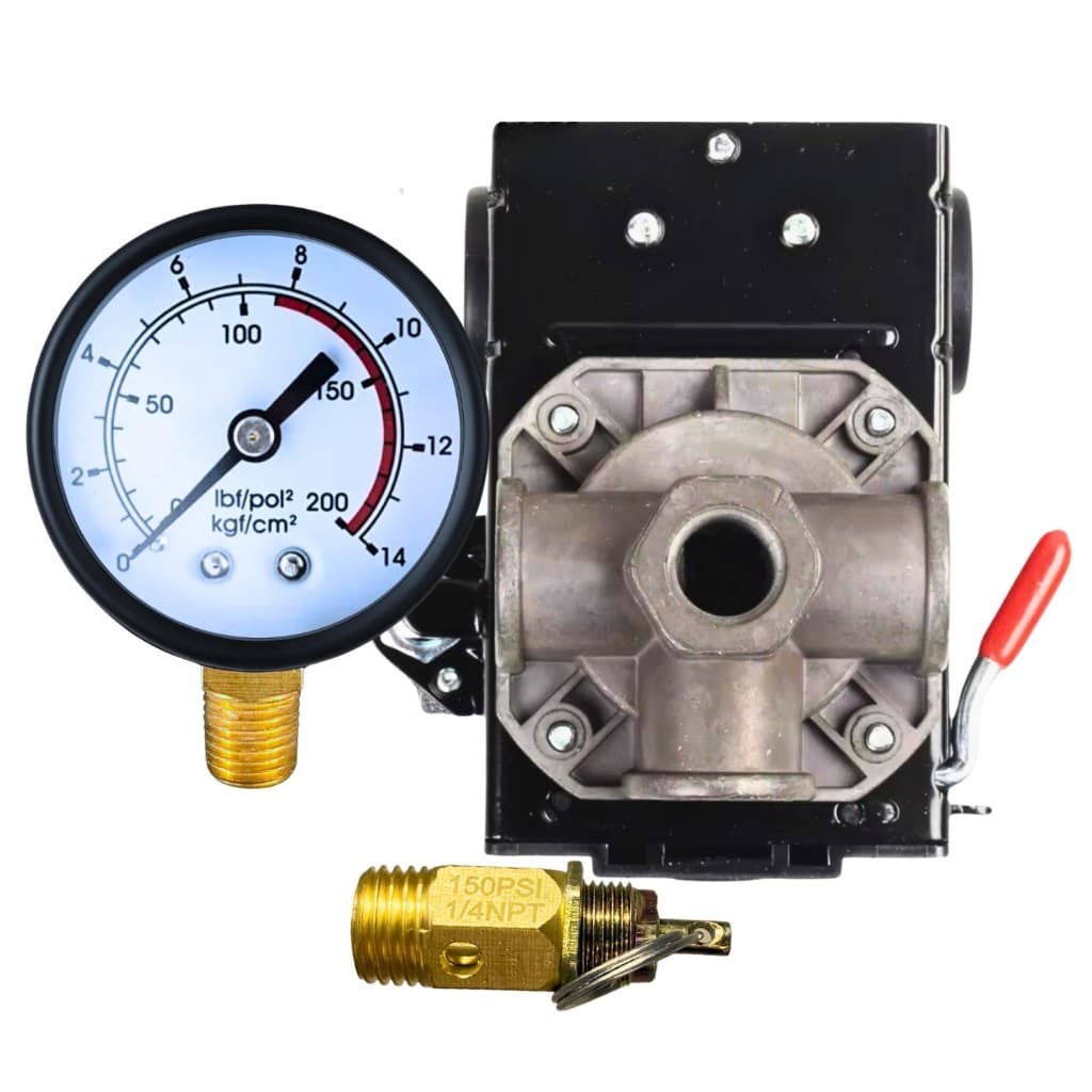 Kit Com Pressostato 100/140 PSI 4 vias + Válvula e Manômetro