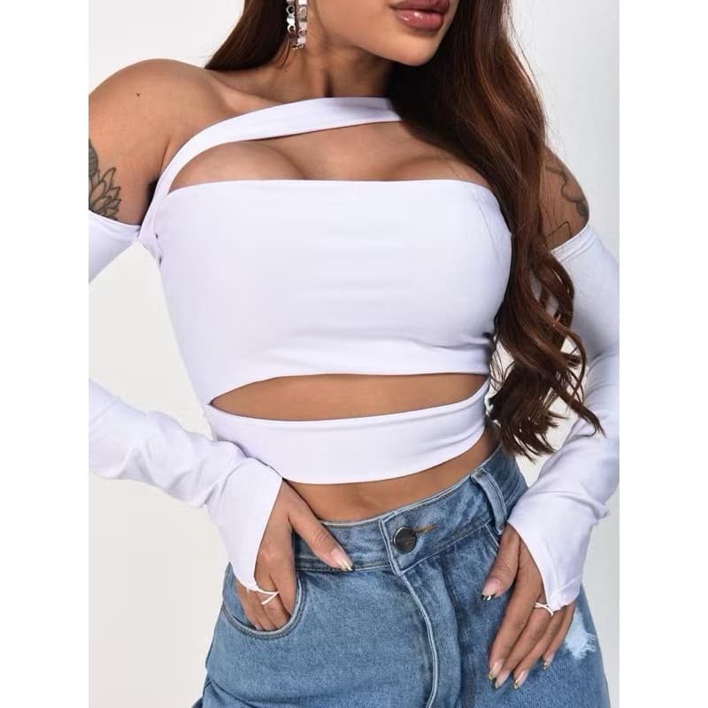 Cropped Faixa Recortes Manga Longa Decotado Feminino Ombro a Ombro Moda Blogueira Gringa