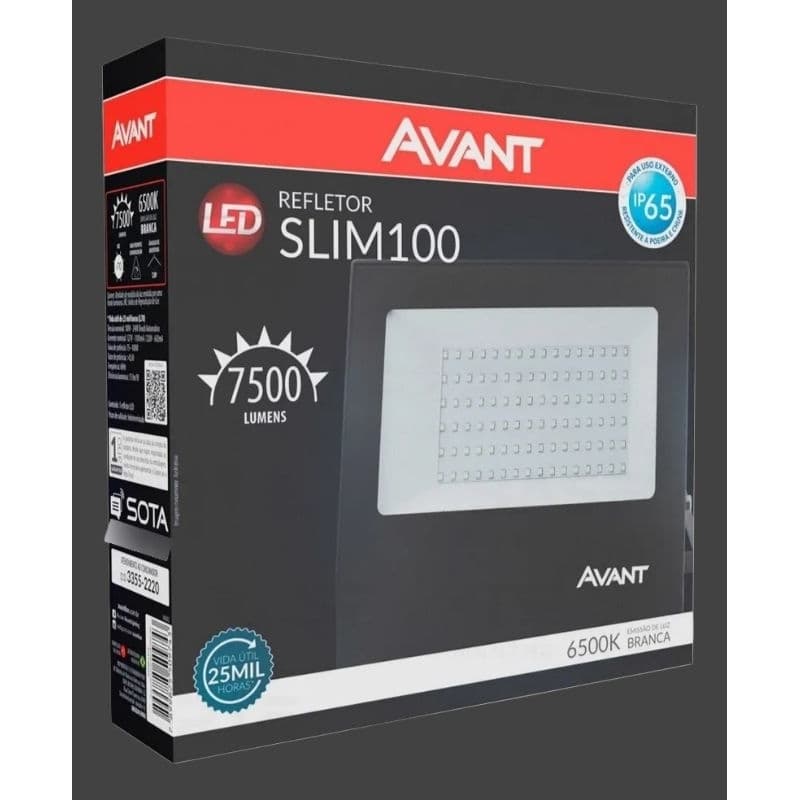 Refletor Led Slim 100w 6500k Branco Frio 110v/220v Ip66 a prova d'água Preto Cod: 259301378 Avanti