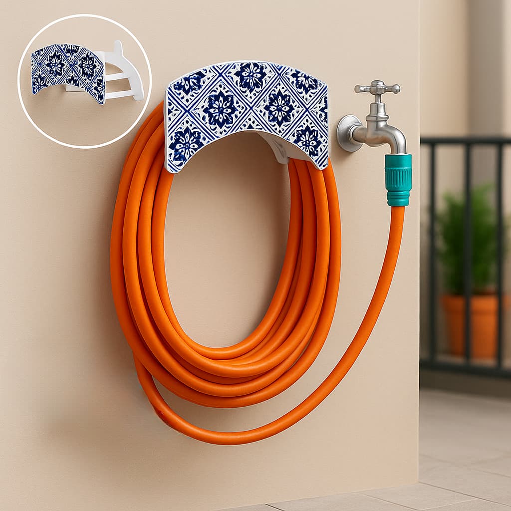 Suporte Em Aço Fixo Em Parede Enrolador De Mangueira Organizador De Quintal Jardim Area Externa - Azulejo Grego Azul