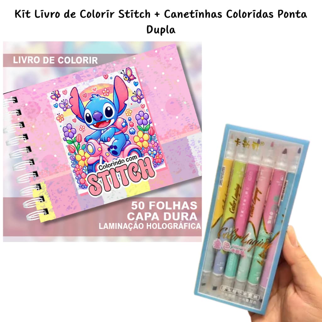Livro de Colorir Stitch + Canetinhas | Capa Dura | 50 Folhas | Papelaria Fofa