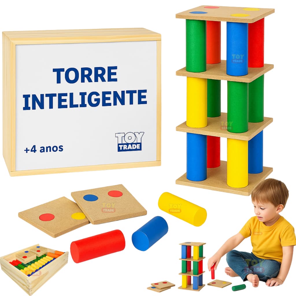 Torre Inteligente 63 Peças Brinquedo Educativo de Madeira lógica Cores Pedagógico Infantil Toy Trade