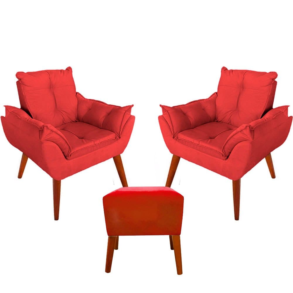 Kit 2 Poltrona Cadeira Decorativa Opala e 1 Banquinho Para Sala Recepção Luxo