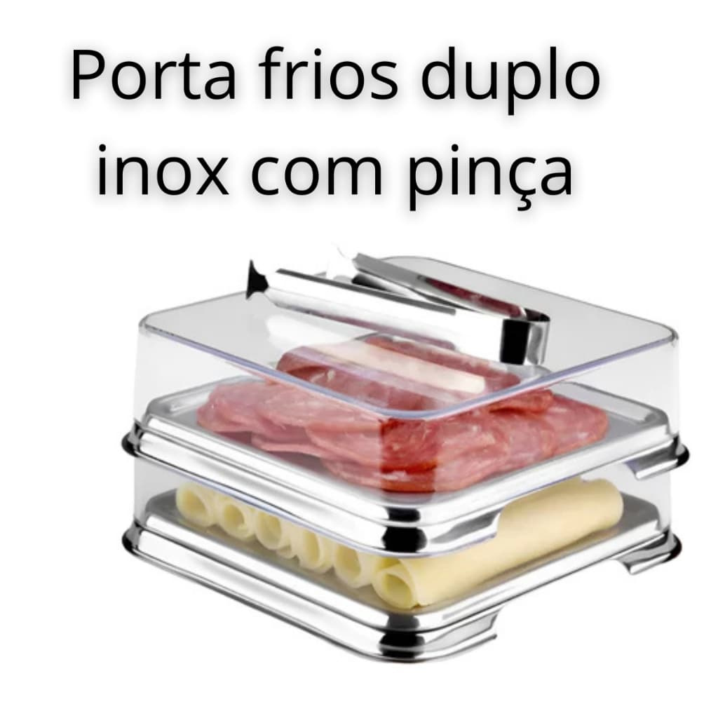 Porta Frios Duplo C/ Pegador e Bandeja Inox Tampa Acrílico Qualidade Moderno Cozinha Mesa