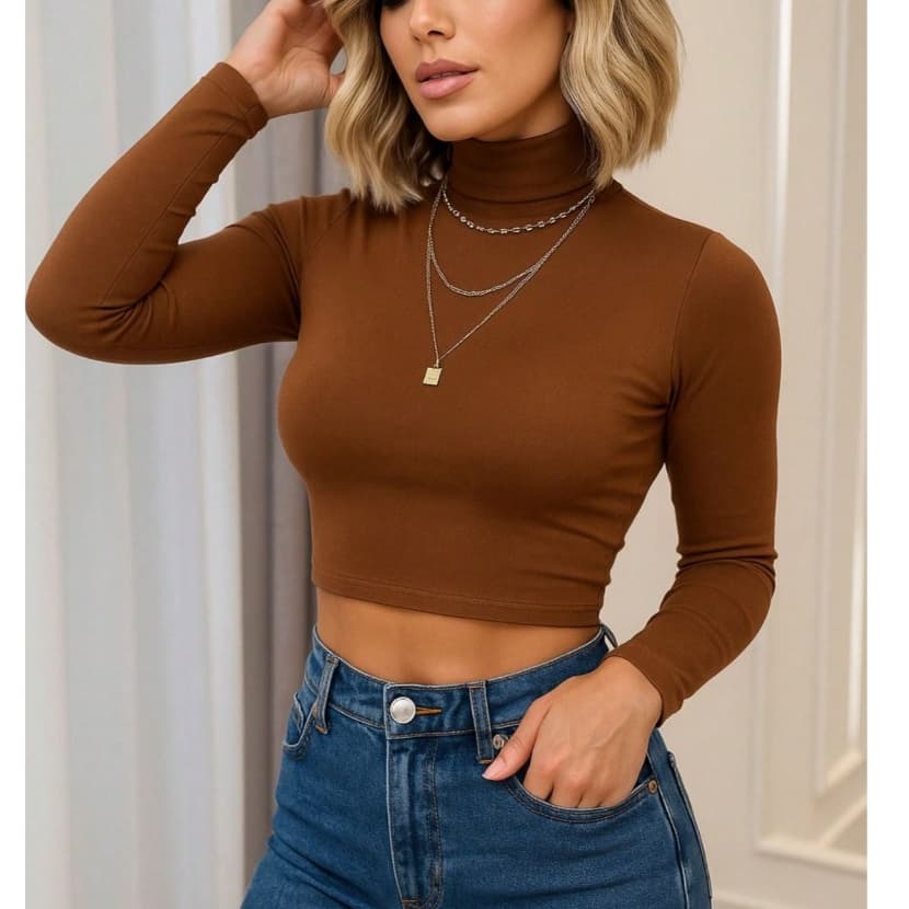 Cropped Feminino Canelado Gola Alta Manga Longa Cacharrel Básico e Estiloso Tecido Premium