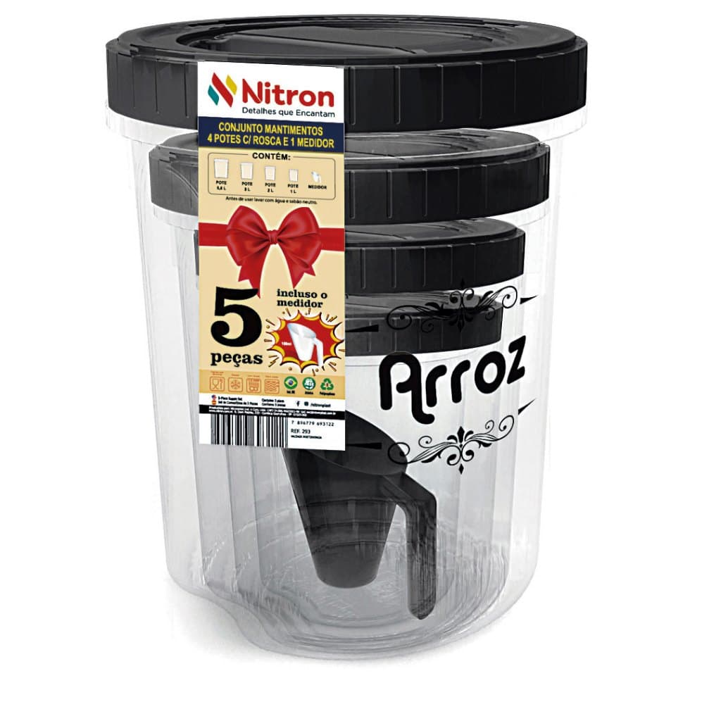 Kit 4 Potes Mantimentos Com Rosca e Medidor Porta Arroz Feijão Açúcar Café BPA Free Nitron