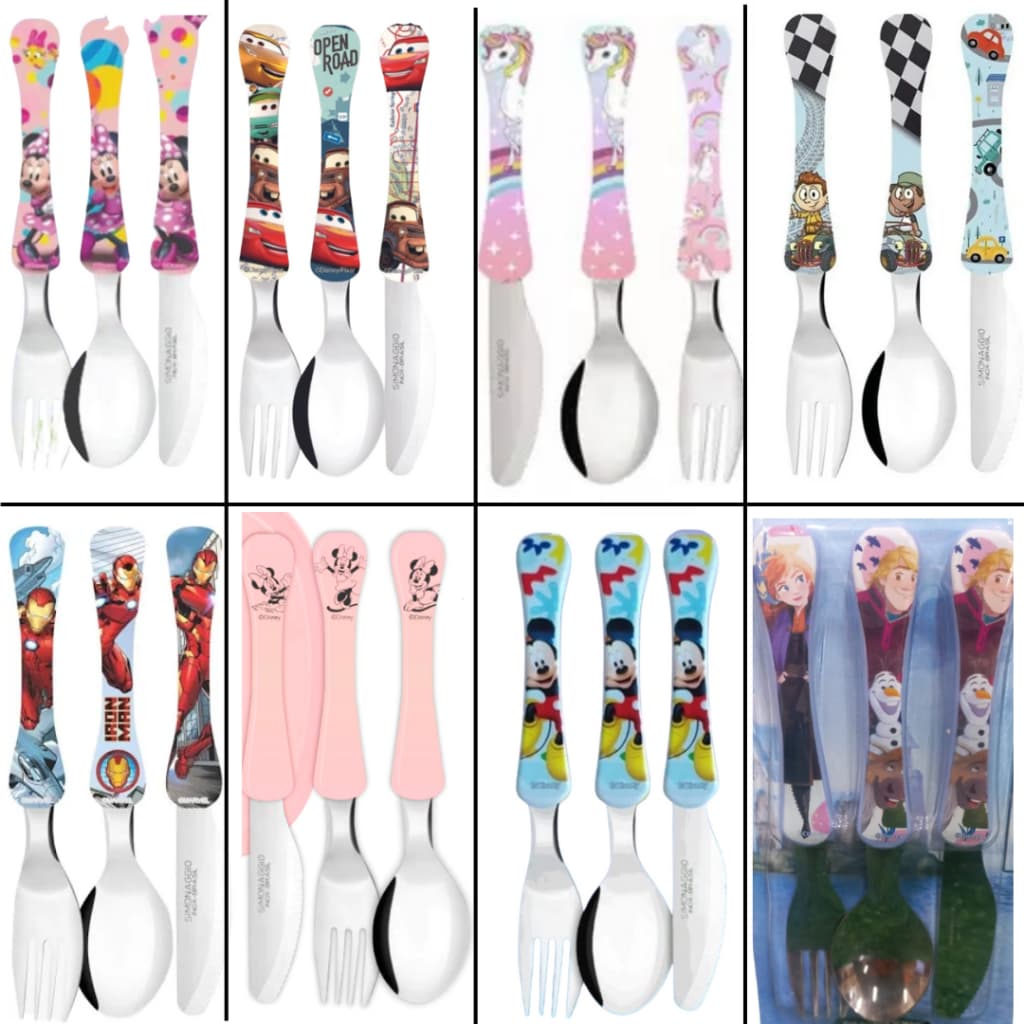 Kit talher infantil 3 peças Colher Garfo Faca inox Personagens Disney frozen princesas mickey carros