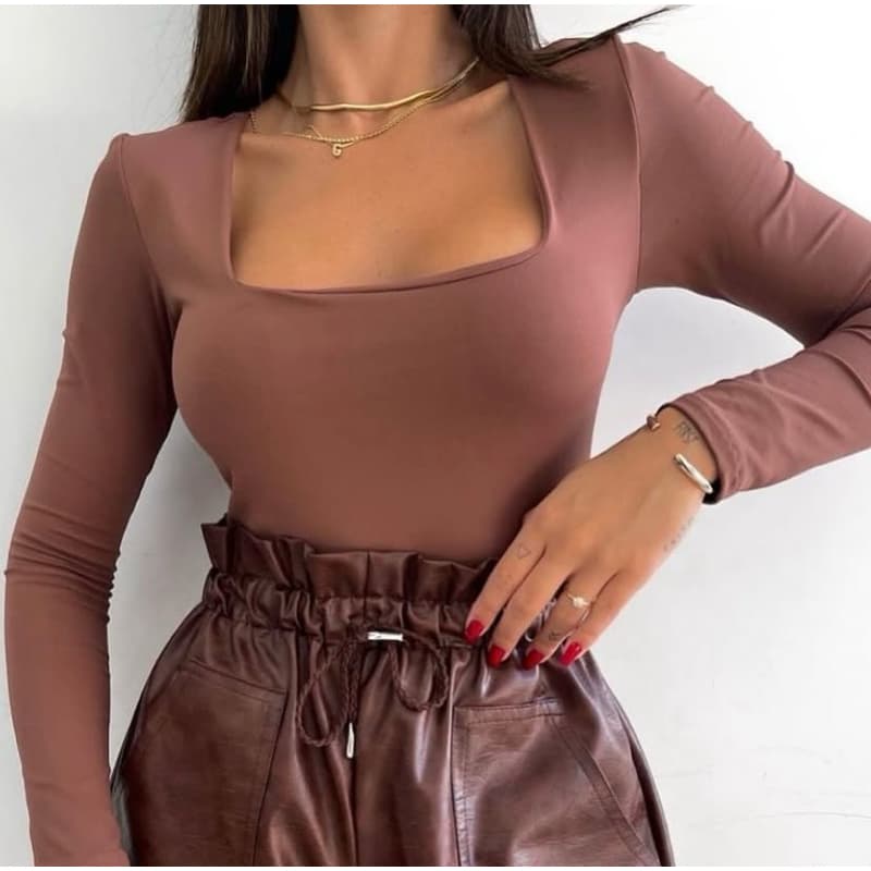Body Manga Longa com Decote Quadrado – Tamanho Único
