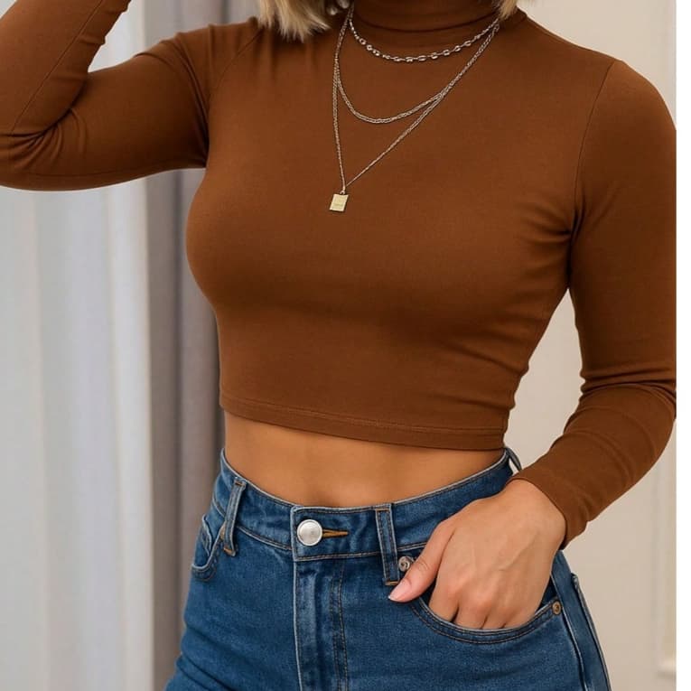 Cropped Feminino Manga Longa Tendência Inverno Blusas Caneladas Femininas Básico