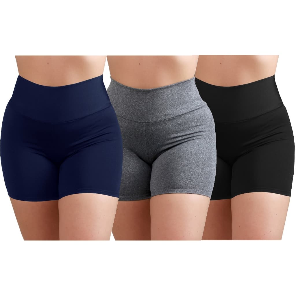 Kit 3 Short Feminino de Academia Suplex de Poliamida Cós Alto