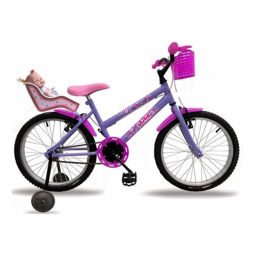 Bicicleta Infantil Feminina Lilás Aro 20 Cadeirinha + Boneca pedivela cromado preto