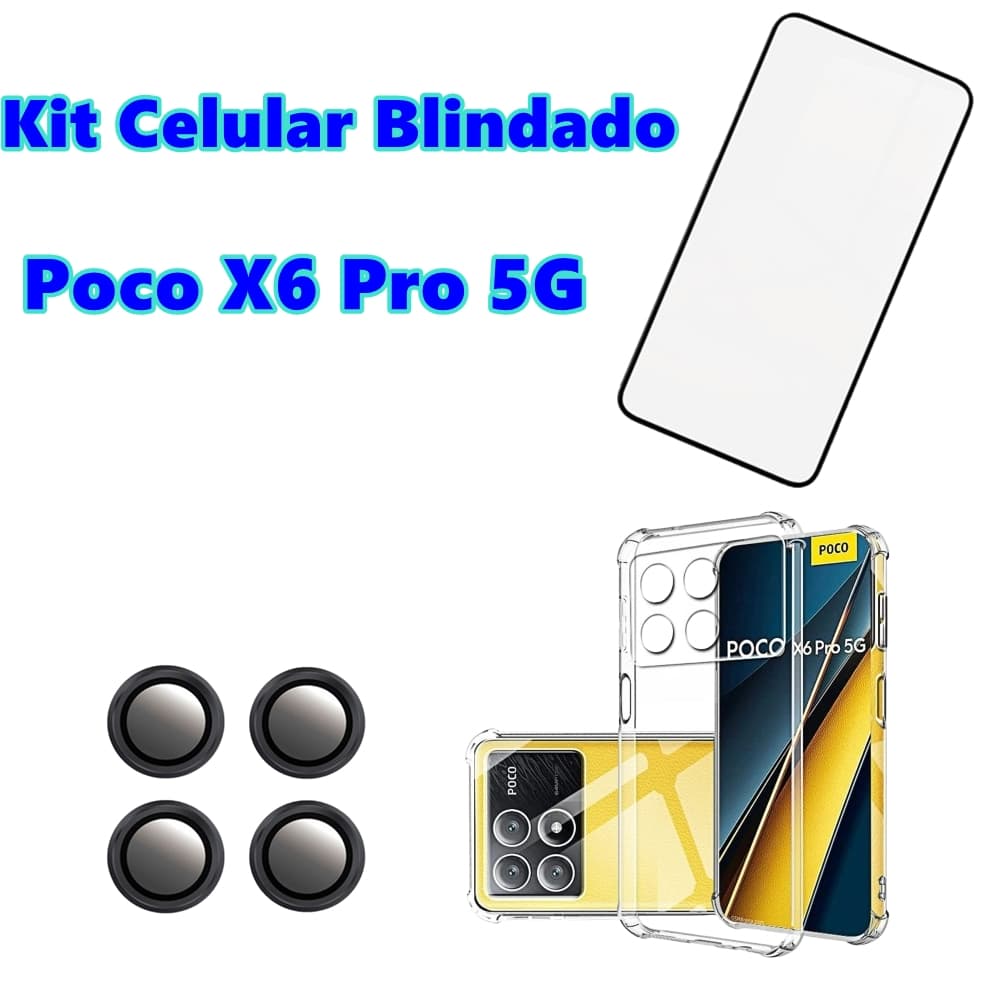 Kit Celular Blindado Poco X6 Pro 5G Xiaomi Capa Anti Impacto + Película Full Cover 3D + Película Para Câmera Bolinha