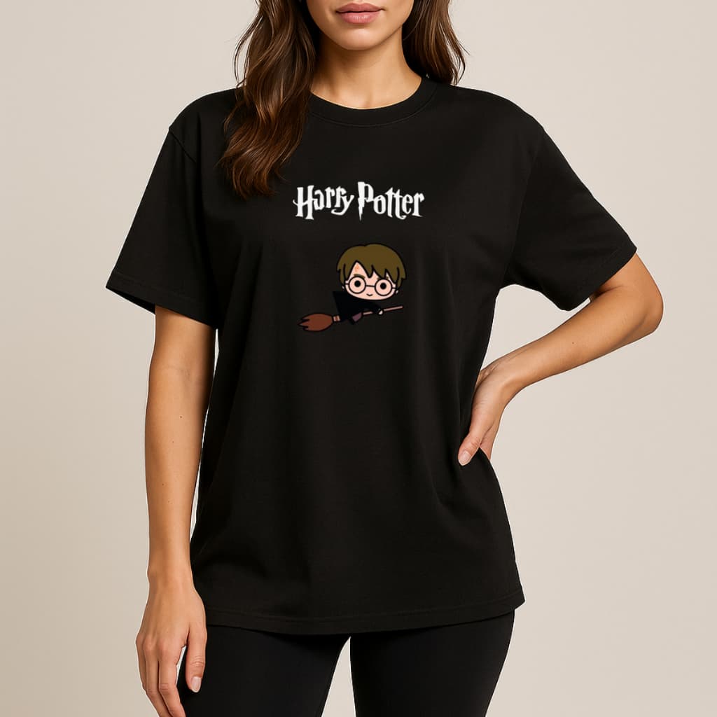 Camiseta  Feminina Harry Potter Lançamento Oversize Preta