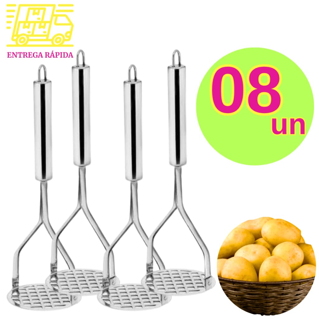 Kit 8 Amassadores Batatas Legumes Espremedor Aço Inox Manual Profissional Multiuso Cozinha p/ Buffet