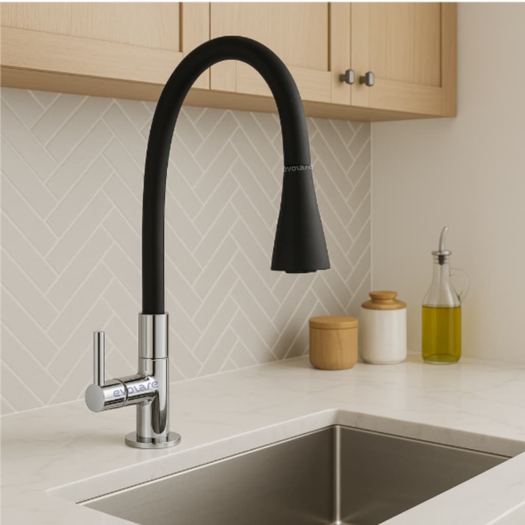 Torneira Gourmet Flexível 2 Jatos  para Cozinha Pia Instalação de Bancada Preta Base em Metal