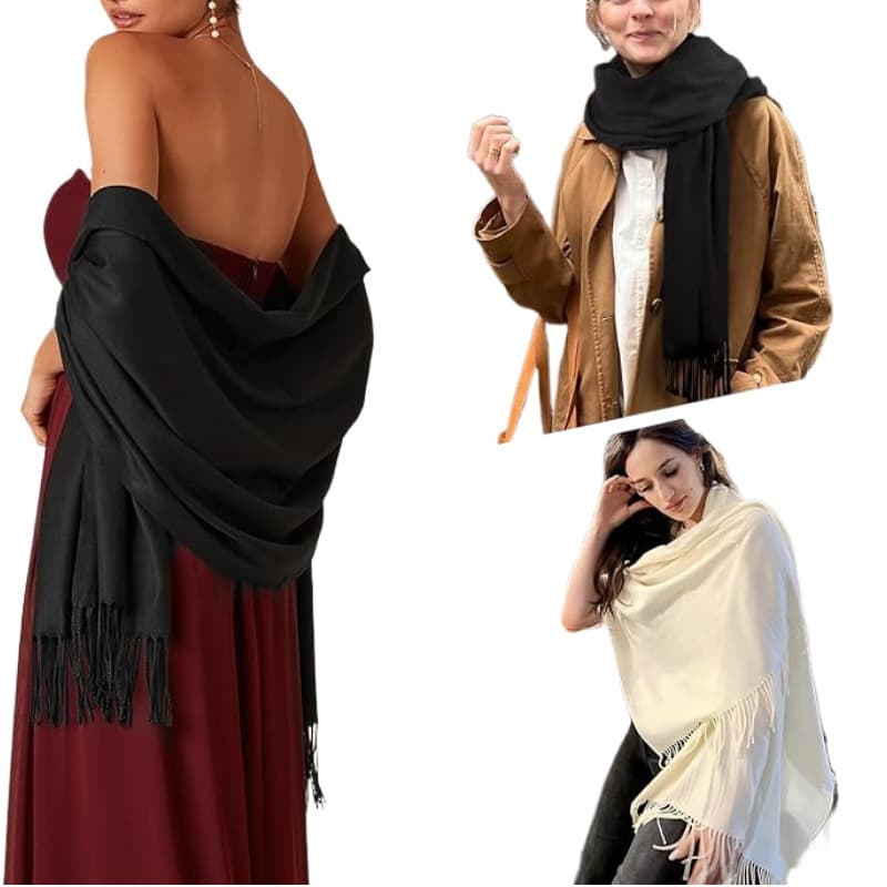 Cachecol Lisa Preta De Poliéster Fino De 150g Com Franjas Lenço Para Inverno Femininos e Masculinos