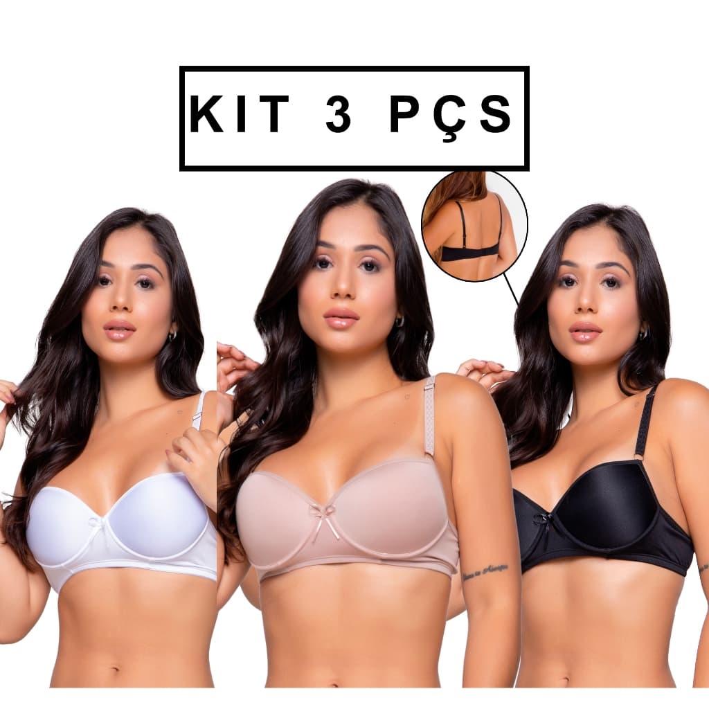 Kit 3 Sutiã com Bojo Básico Liso Alça Fina Soutien zoore