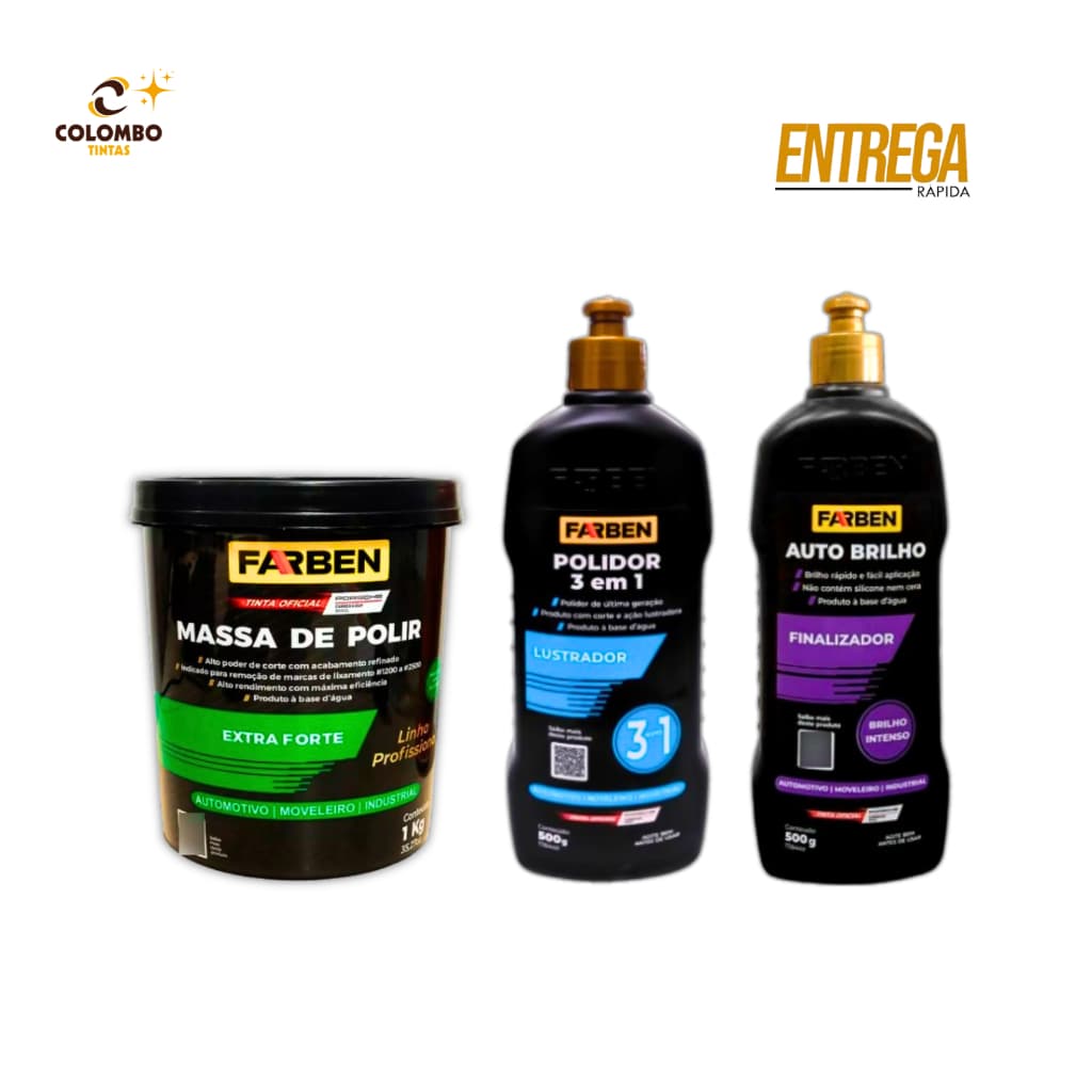 Kit Polidores Farben: Massa de Polir 1kg + Polidor 500ml + Finalizador Auto Brilho | Oferta