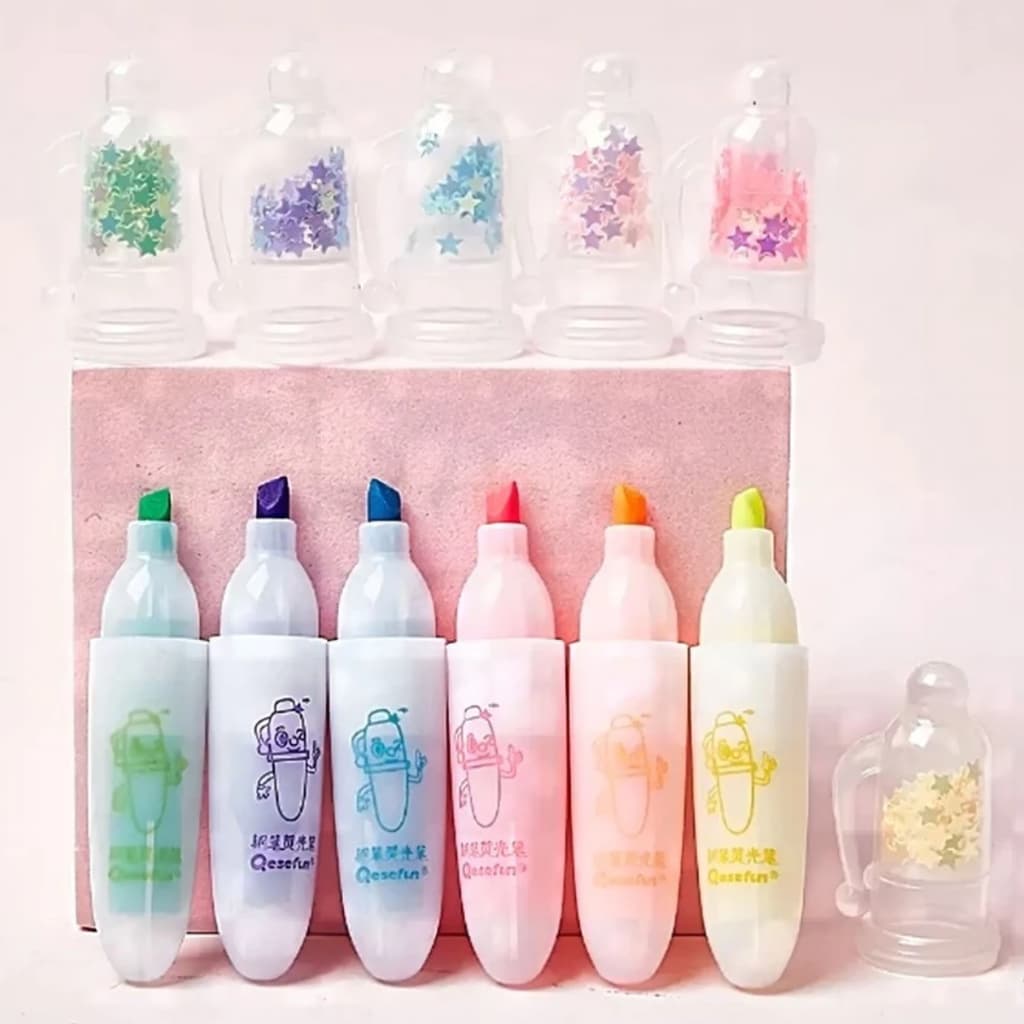Kit 6 Mini Marca Texto Pastel com Carimbo 2 em 1 – Material Escolar Criativo e Multifuncional