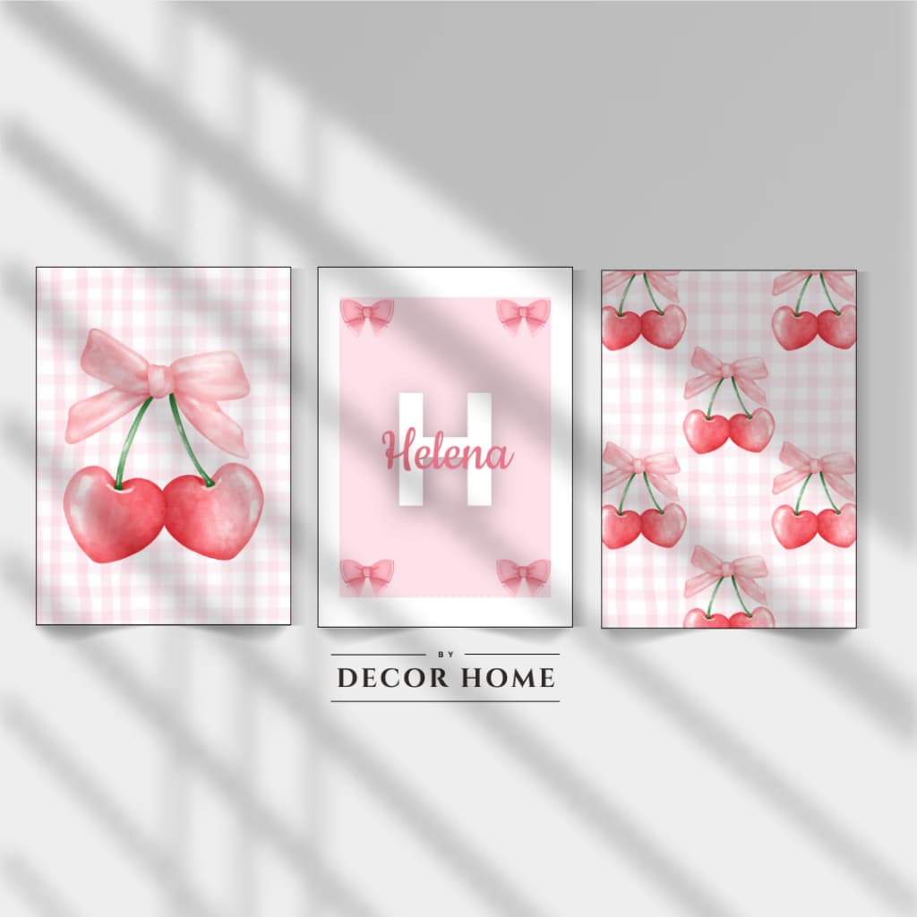 Kit 3 Quadros Cerejinha  Personalizado Com Nome, decoração infantil de cereja quarto de bebe enxoval