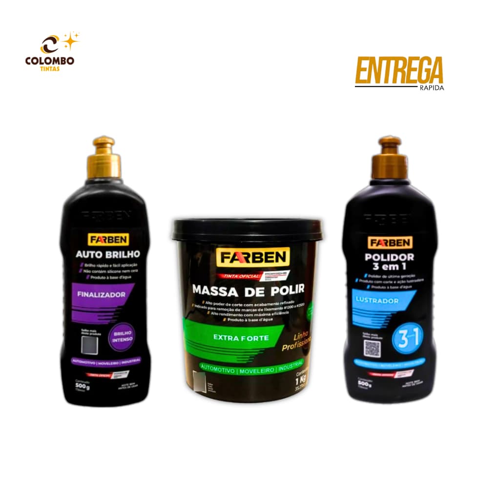 Kit 3 em 1 Farben: Polidor + Massa de Polir + Auto Brilho Finalizador | Alta Qualidade Profissional