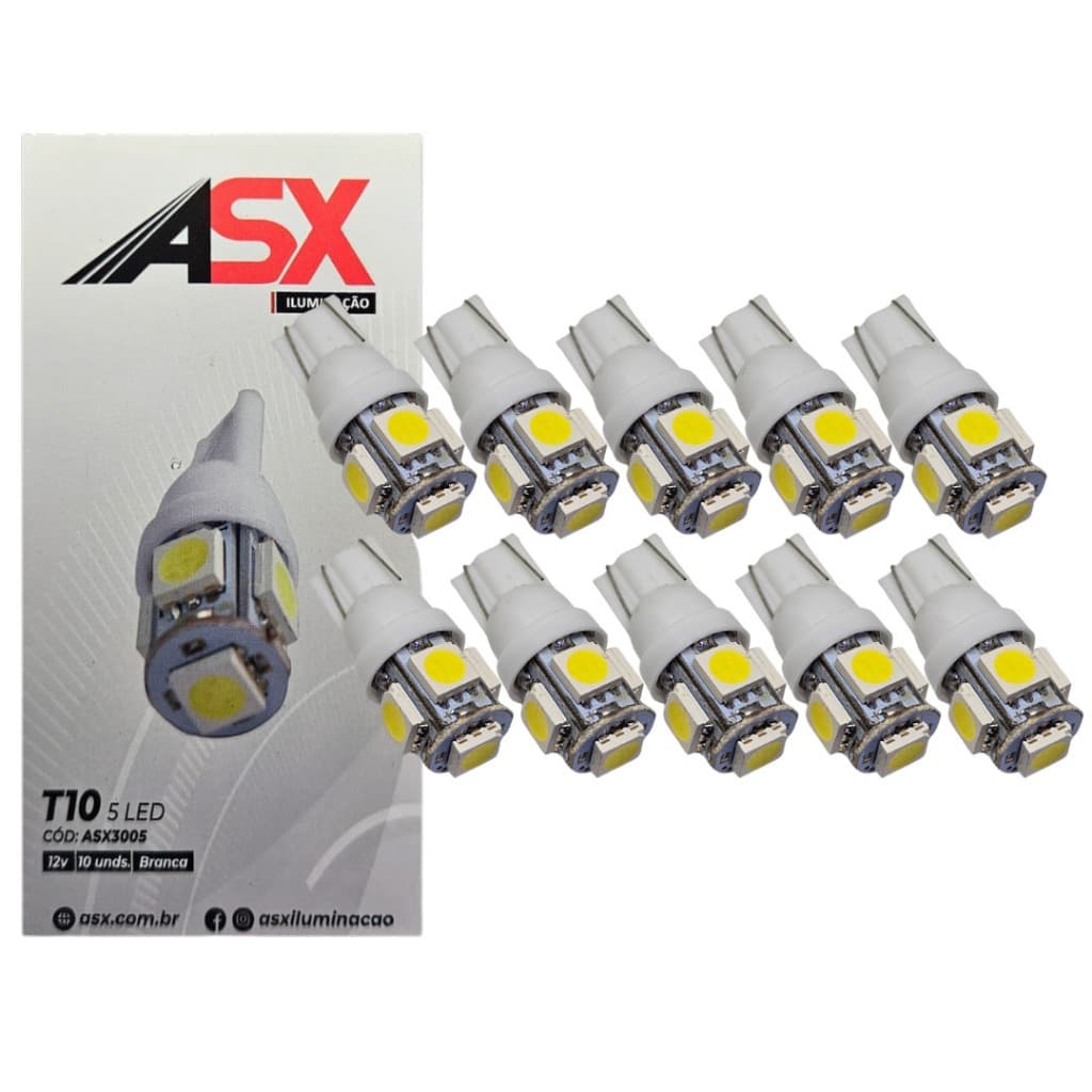 Kit 10 Lâmpadas Asx Pingo T10 5 Leds Branco 6000k 5050 12v