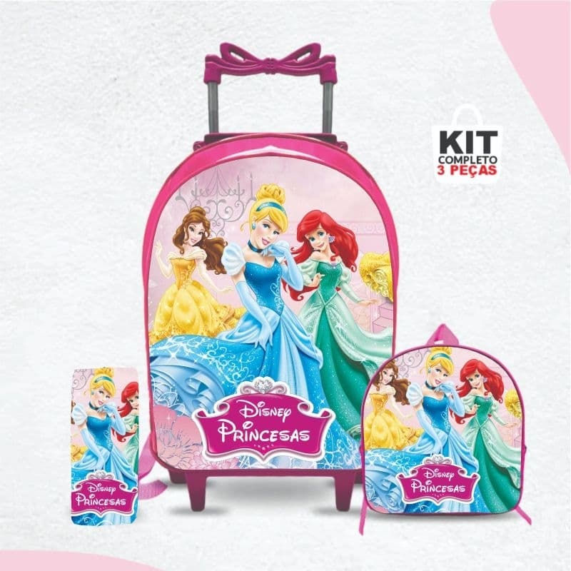 Kit mochila escolar Princesas com lancheira e Estojo -Carrinho com Rodinhas - Menina - Feminino