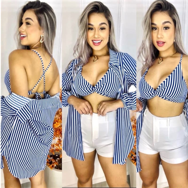 Conjunto camisa com Top Cropped  Kinomo Listrado