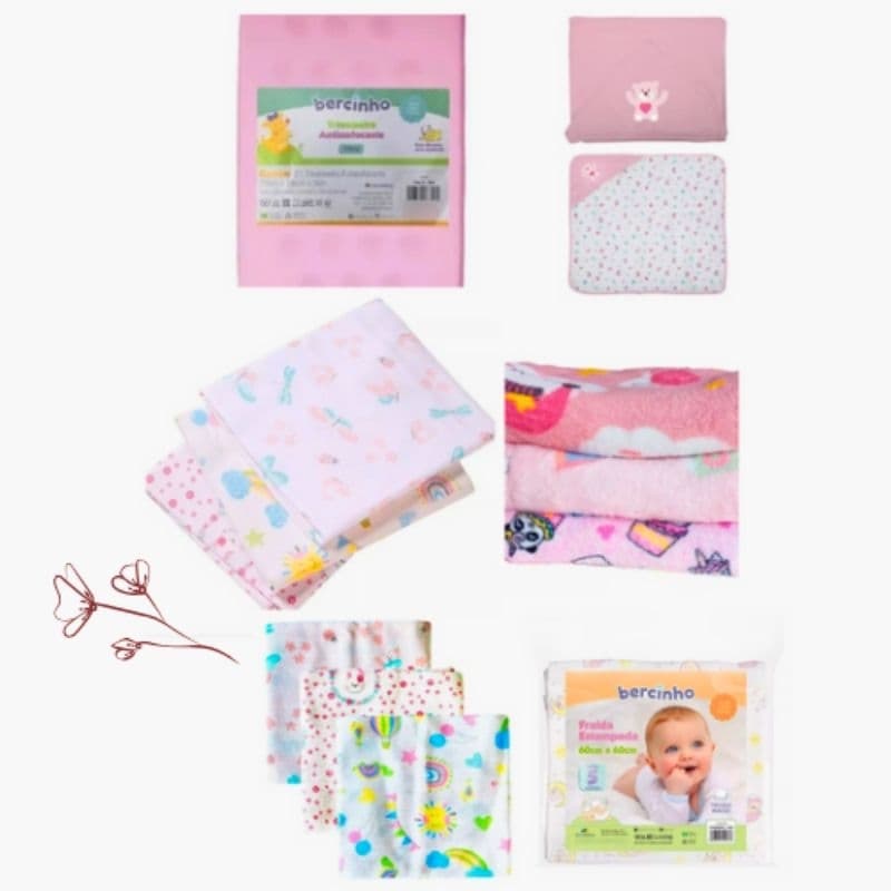 Kit De Bebê Com 12 Peças, Toalha Capuz, Coero de Franela, Fraldas, Travesseiro e Cobertores
