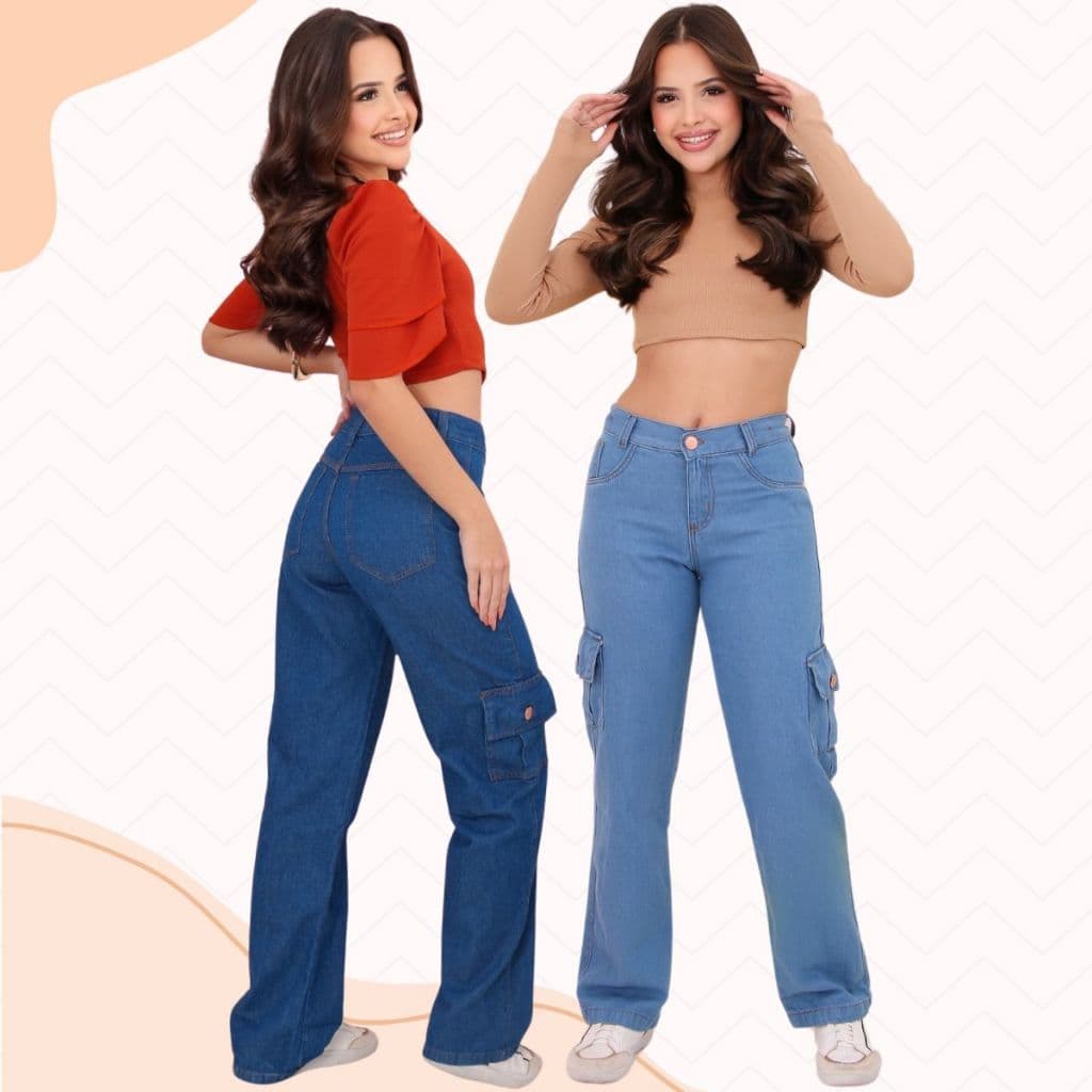 Kit 2 Calcas Feminina Infantil Juvenil Wild Leg Cargo Bolso Pernas Boca Larga Jeans  pantalona