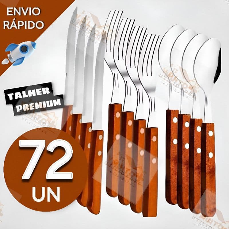 Jogo de Talheres Cabo Madeira 72 peças Aço Inox 24 Facas 24 Garfos e 24 Colheres de Mesa Casa Para Restaurante