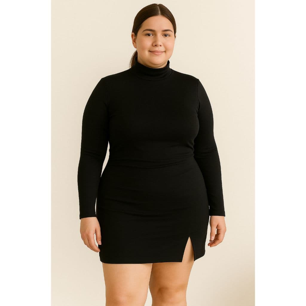 Vestido Justo Curto Gola Alta Fenda Manga Longa Suplex Elegante Confortável Plus Size
