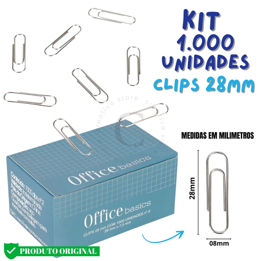 Clips N 2 1000 Unidades 28mm Office Basics Clipes de Papel - Cor Prata