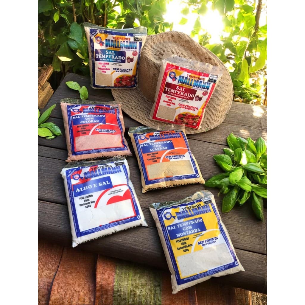 kit C/ 02 unidades de Sal temperado de 500 gramas mostarda, alho, açafrão, colorau, com pimenta.
