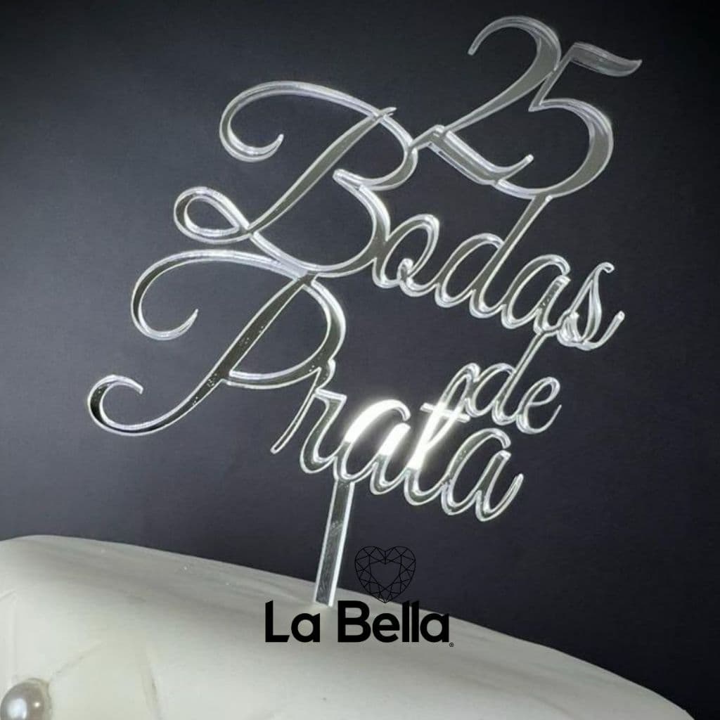 Topo de bolo 25 anos bodas de prata acrílico espelhado festa de casamento decoração luxo