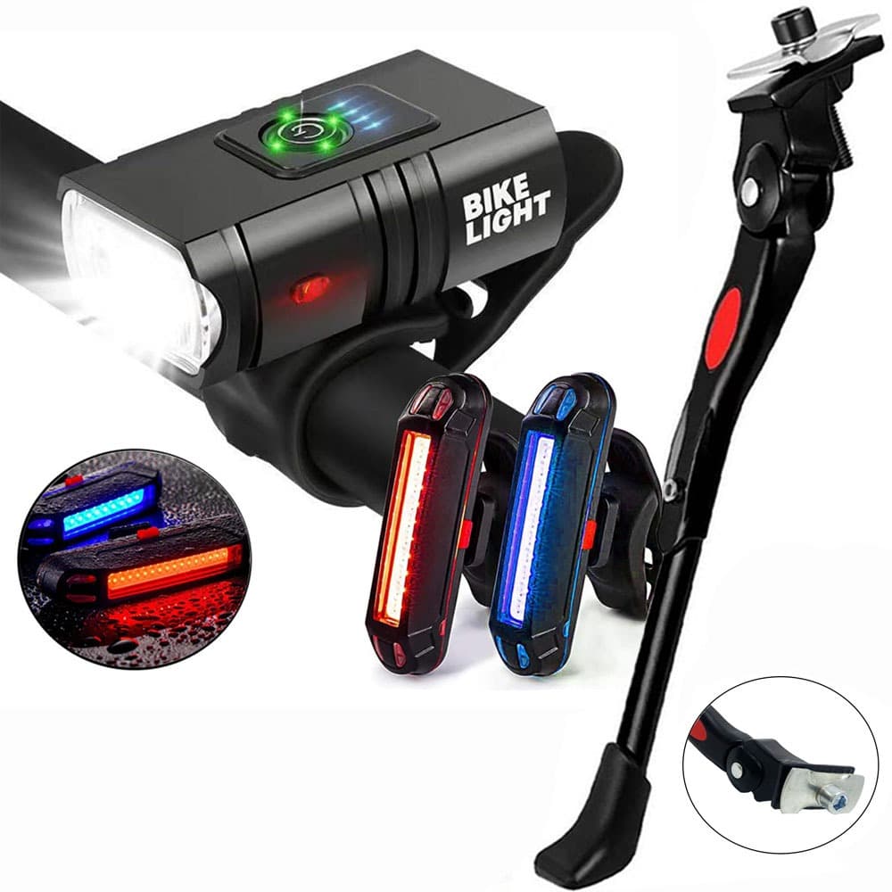 Lanterna Com Visor Farol Bike 2 Led Bicicleta + Sinalizador Azul e Vermelho + Pezinho Central 20 29