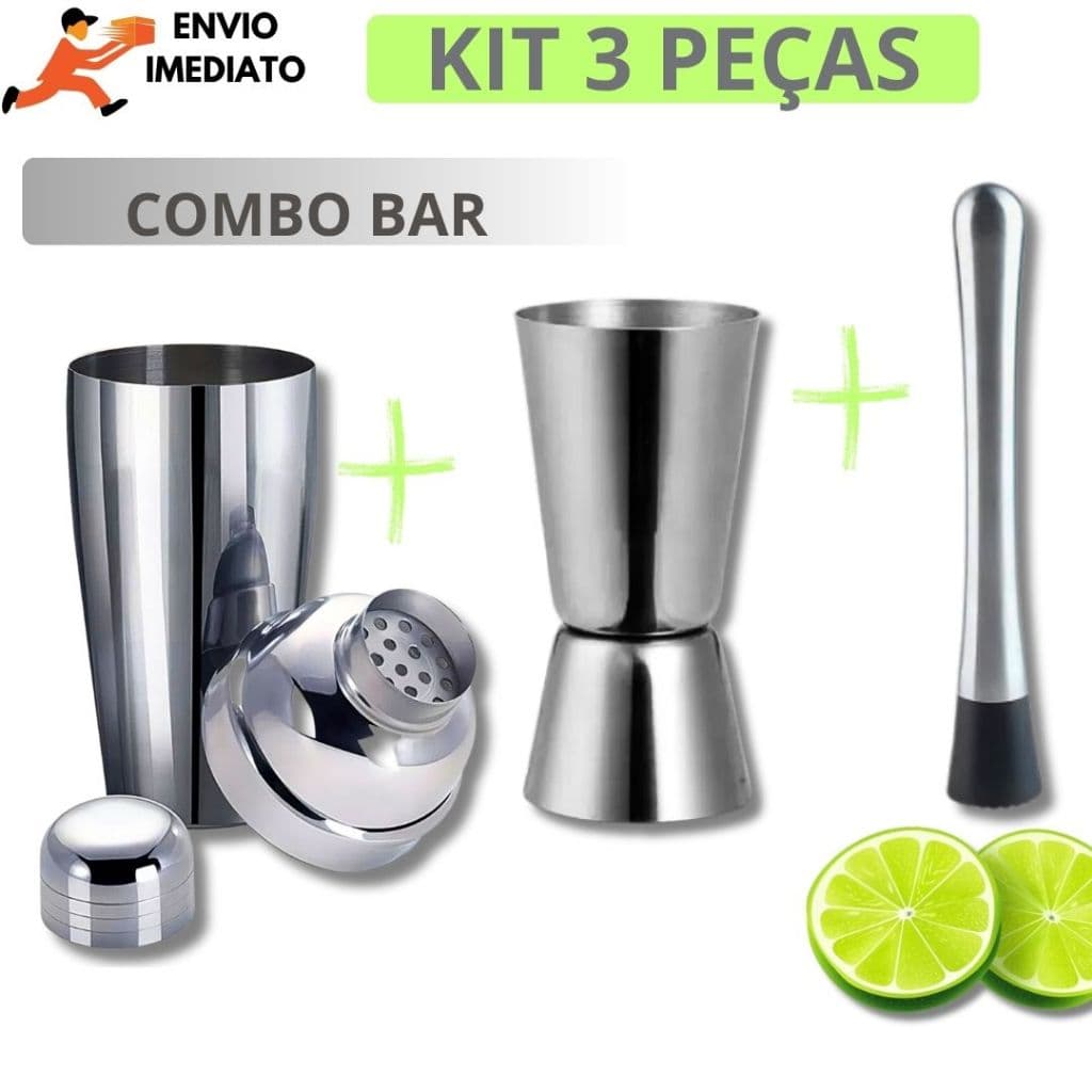 Kit Combo Bar 3 Peças Coqueteleira Socador e Dosador Whisky Para Bares Restaurantes