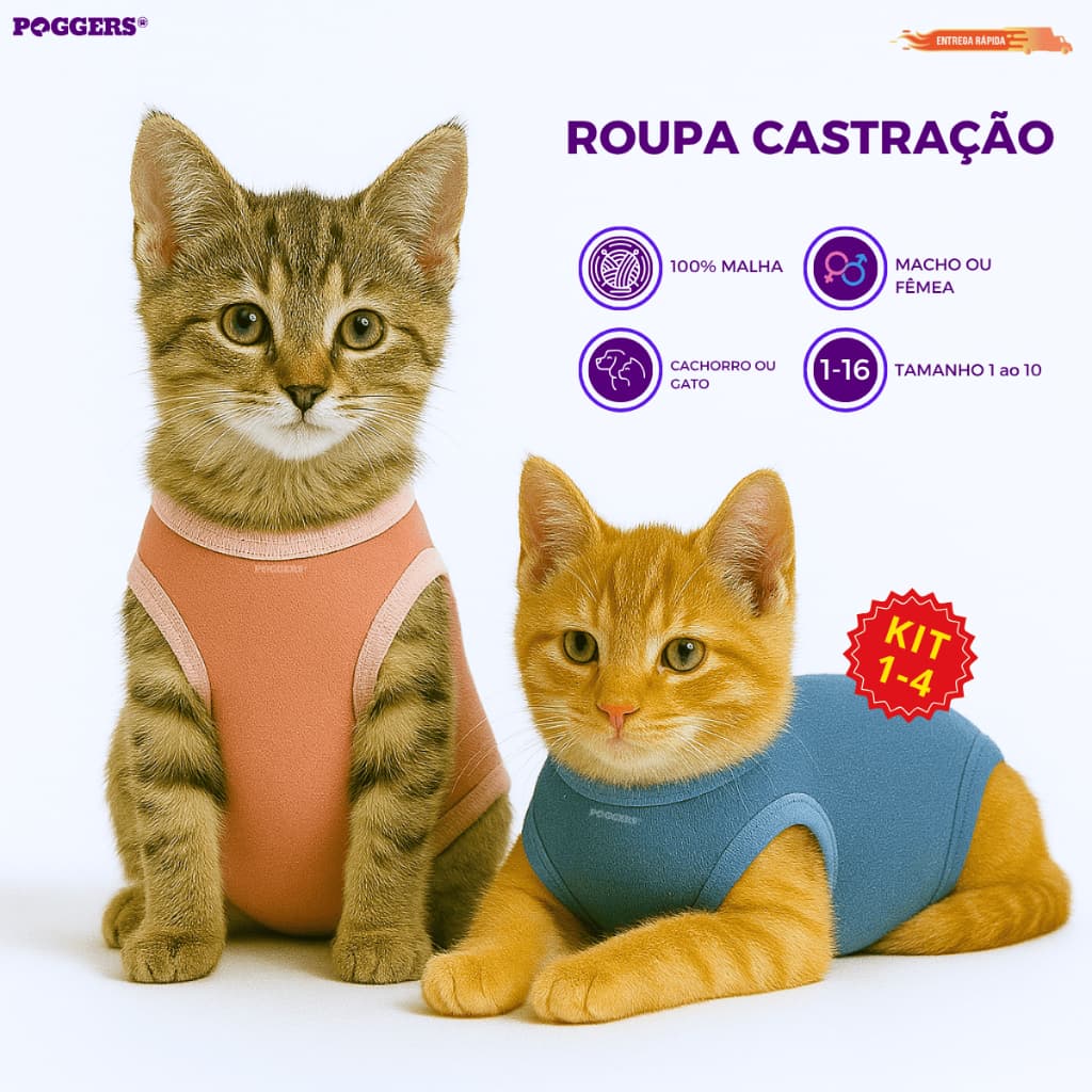 Roupa Castração Protetora para Gatos pós cirúrgica macho e fêmea - Tamanho 1 ao 10